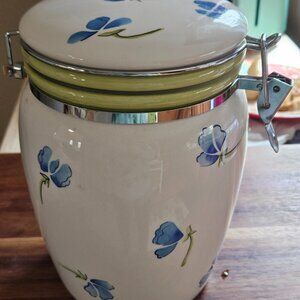 handpainted blue flowers container canister stonelite ceramic cookie jar